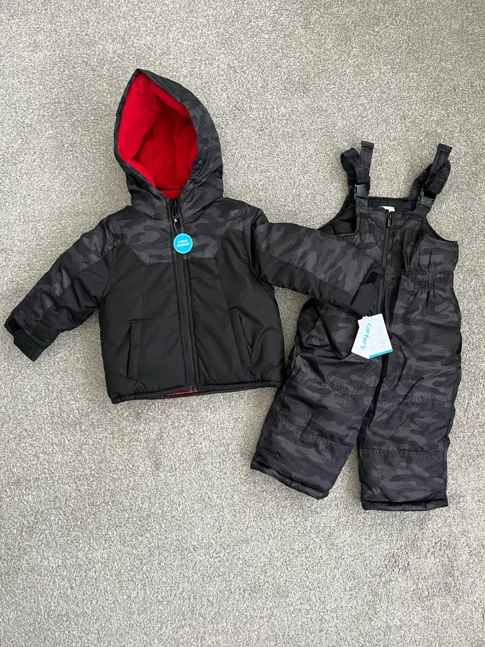 NWT Carters Black & Gray Camouflage Bib Pants and Puffer Jacket Size 2T